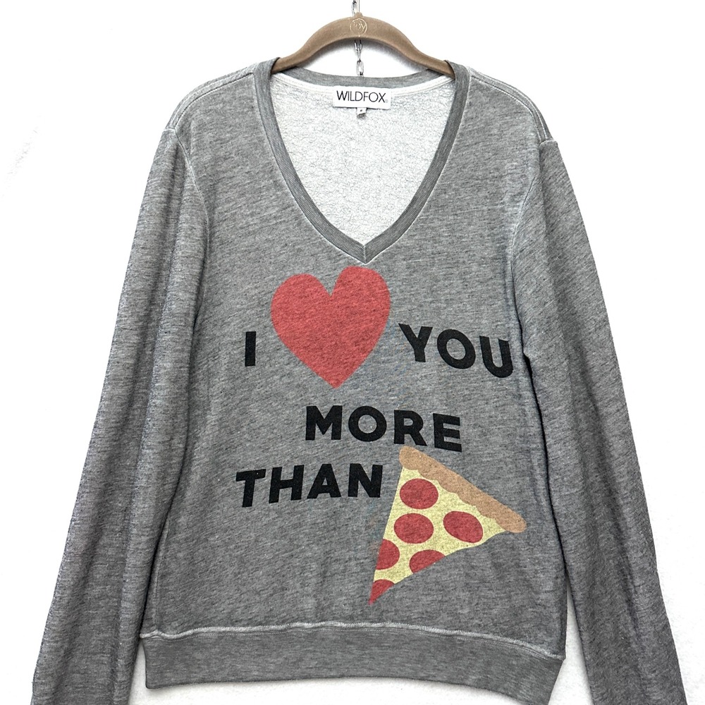 Wildfox S I Heart You More Than Pizza V-Neck Sweatshirt Gray Love Small